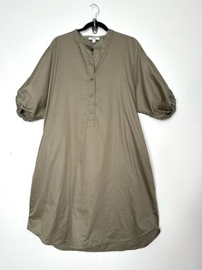 COS Olive Green Balloon Sleeve Button Down Tunic Dress Cotton Comfort Minimalist